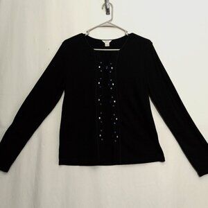 Christopher& Banks Black Sweater Medium Decorative Blue & White Buttons Long Slv